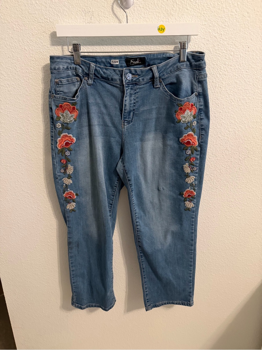 Earl Jeans Blue Denim Ankle Jeans with Red & Cream Floral Embroidery